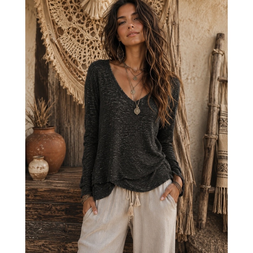 Free People Sweater Womens Medium Black Grey Ocean Air Hacci Boho Oversized‎